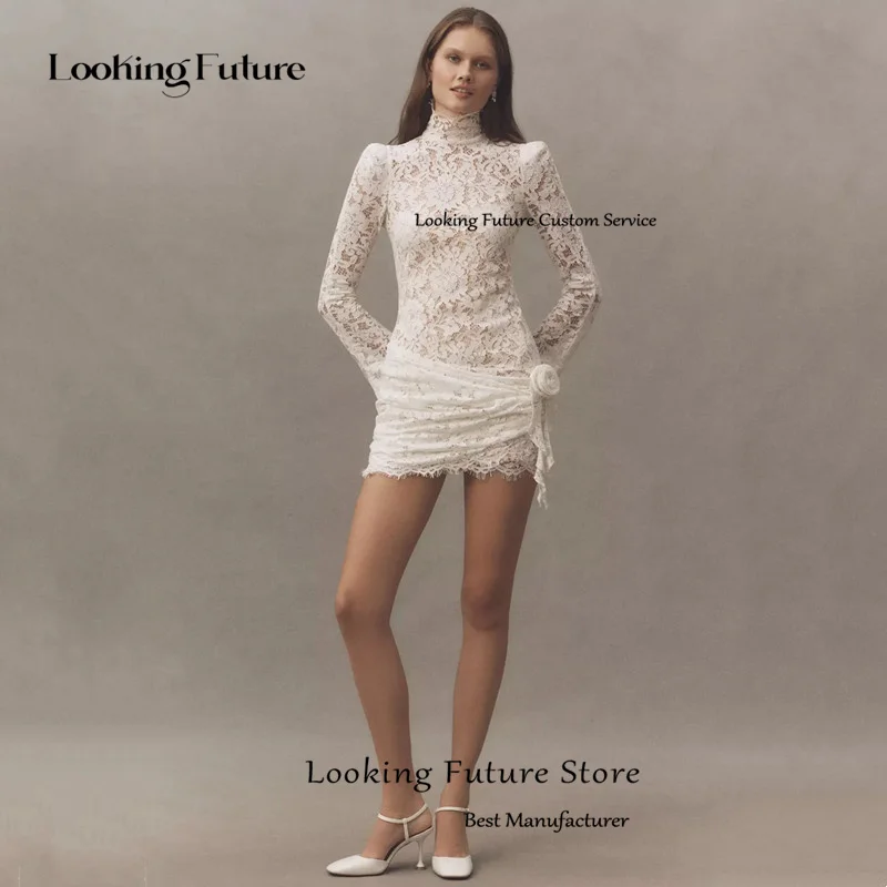 Classic Lace Appliques Mini Wedding Dresses Sexy Sheath Long Sleeves High Neck Bride Dress Anove Knee Pleat Lace Up Customized 11 S632fa04e9aad44e580706ea0b59188692