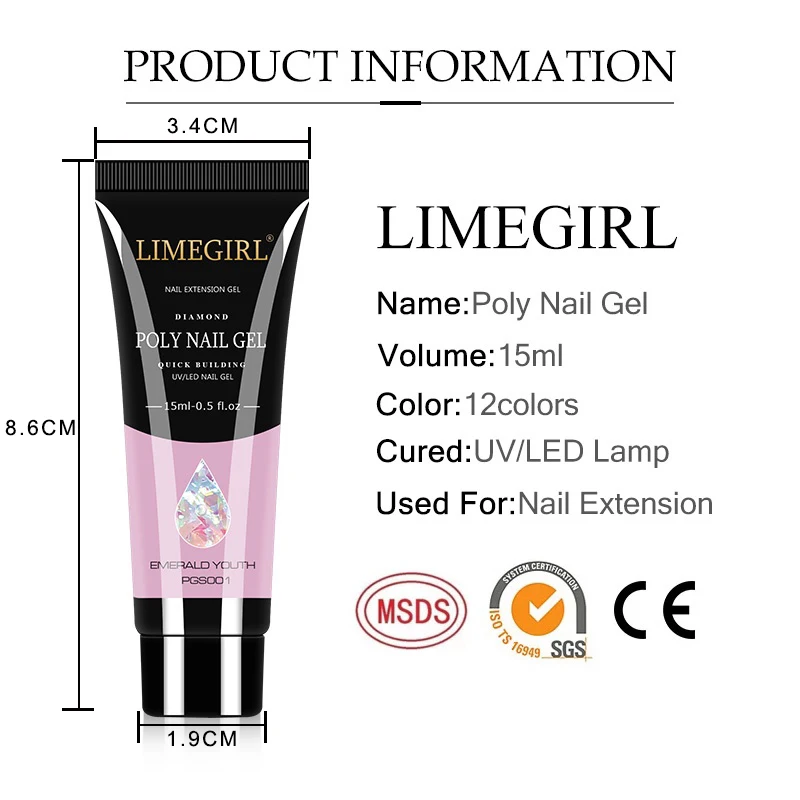 LIMEGIRL 15ml Nail Extension Gel Set with UV LED Light Nail Thickening Sequin Glitter Gel Set Vernis Semi-Permanent Manicure Kit 6