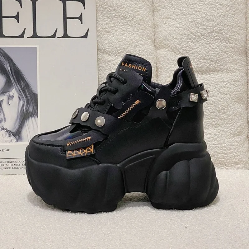 

Women Chunky Sneakers 11CM Hidden Heels Leather Casual Shoes Spring Autumn Woman Crystal High Platform Ladies Sports Dad Shoes