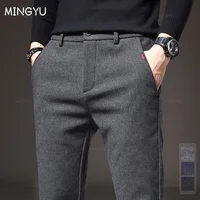 Autumn  Winter New Classic Casual Pants Men Thick Business Korea Slim Fit Stretch Gray Blue Black Brushed Fabric Trousers Male