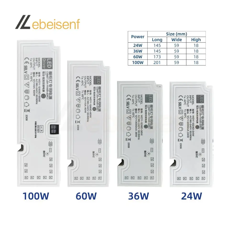 LED 캐비닛 라이트 스트립 라이트 변압기 DC 12V 24V 조명 전원 공급 장치 듀폰 포트 드라이버 24W 36W 60W 100W EU/US 플러그 케이블