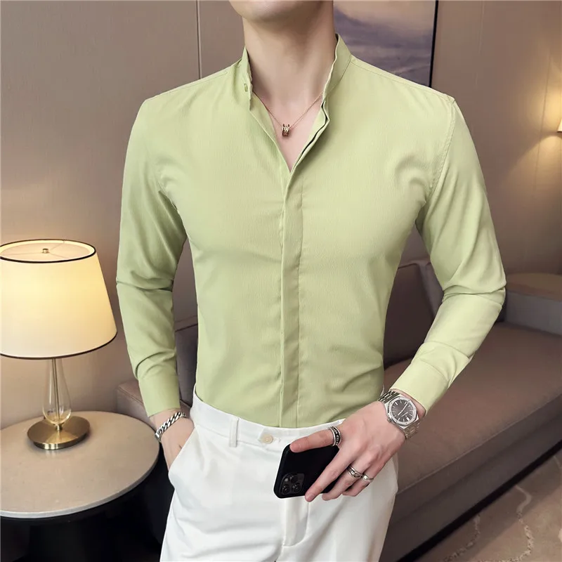 

High quality standing collar shirt for men long sleeved slim fitting round neck shirt suit lining shirt camisas de hombre verano