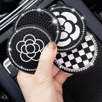 2Pcs camellia Auto Car Cup Holder Coasters Silicone Anti-Slip Bling Crystal Drink Car Cup Mat 1