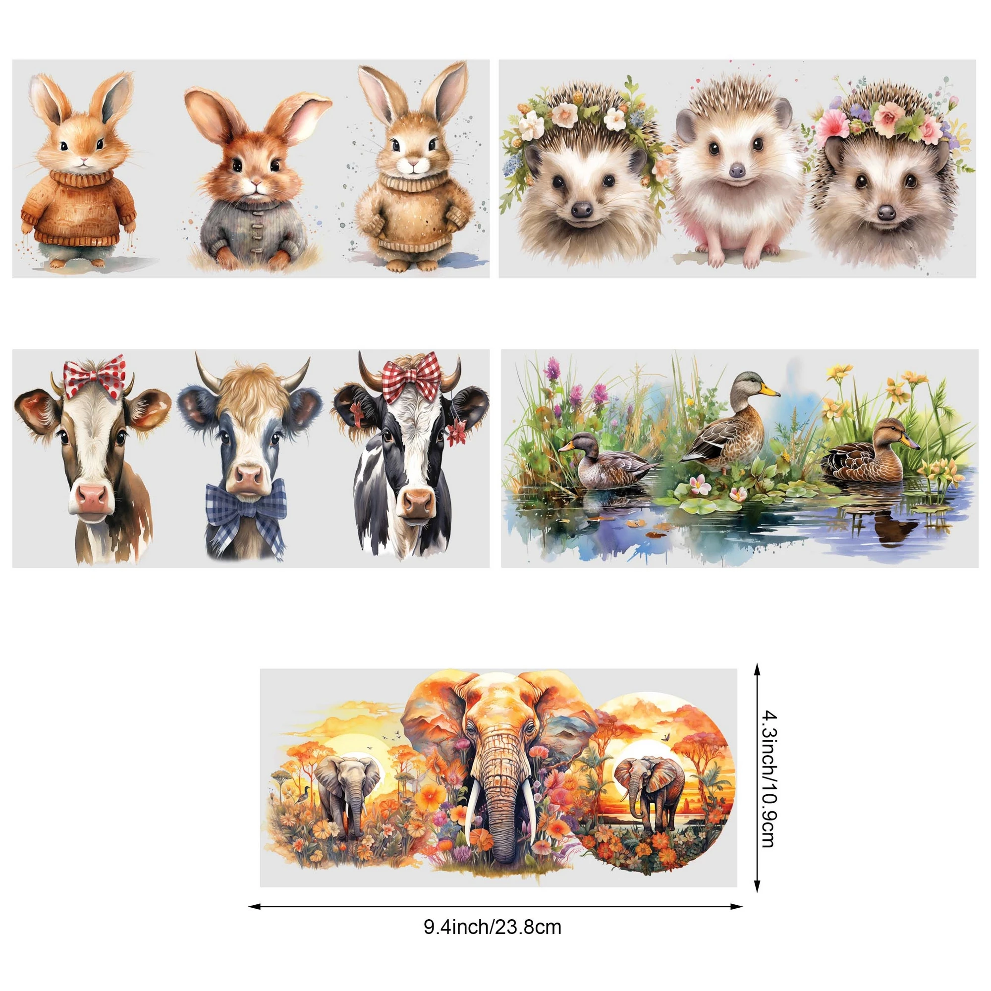 5 Sheets Rabbit Hedgehog Cow Duck Elephant Animal UV DTF Glass Cup Packaging Wipe-On Transfer Stickers for 16 Ounces Glass