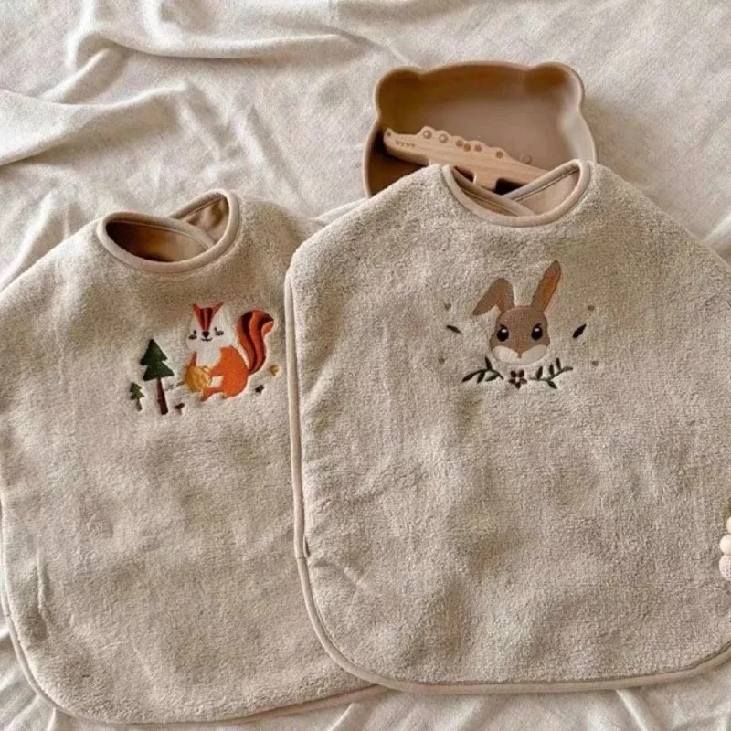 Baby Toddler Kids Plush Waterproof Feeding Bibs Burp Cloths for Brushing Teeth Washing Face Eating Cute Cartoon Bear Soft Bibs