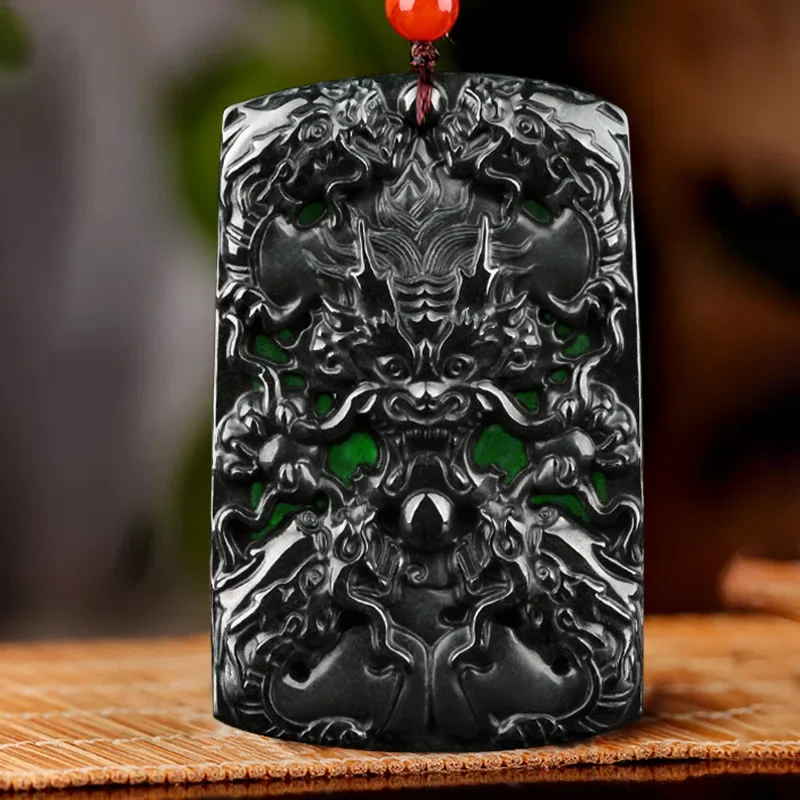 

Burmese Jade Dragon Pendant Jewelry Carved Black Men Necklace Jadeite Fashion Natural Real Amulets Choker Emerald Accessories