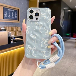Elegant White Ribbon Bow ShockProof TPU Phone Case with Lanyard - iPhone 15 Plus (LA - T1997 - PJ83)