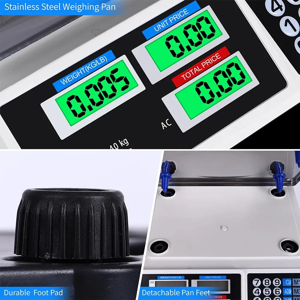 40kg/1g Price Computing Scale with Stainless Steel Plate Counting Weight Scale Waterproof Electronic Small Scale for Vegetables