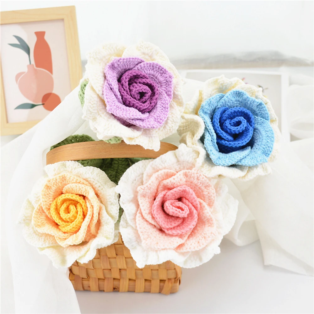 

Large Hand-knitted Roses Bouquet Homemade Finished Yarn Crochet Fake Flower Home Table Flowers Wedding Decoration Festival Gifts