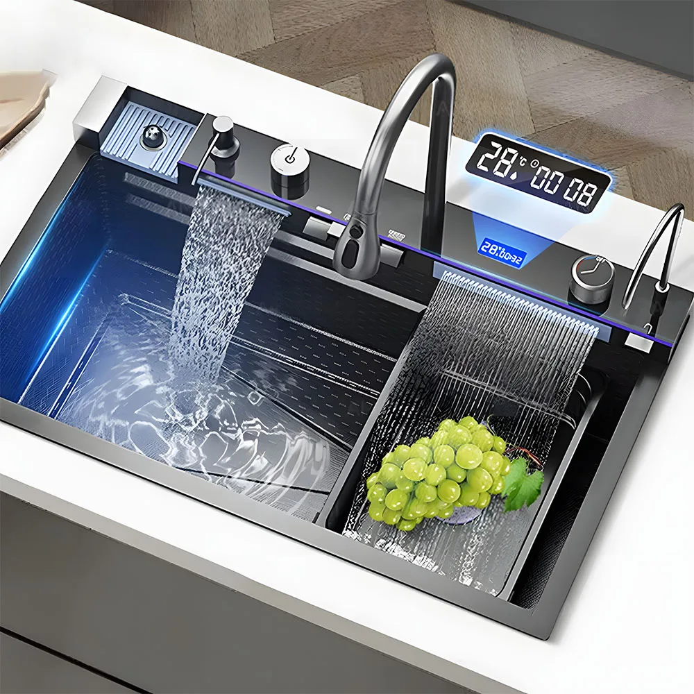304 5 Water Discharge Modes Stainless Steel Waterfall Kitchen Sink Large Single Slot Integrated Digital Display Faucet Set