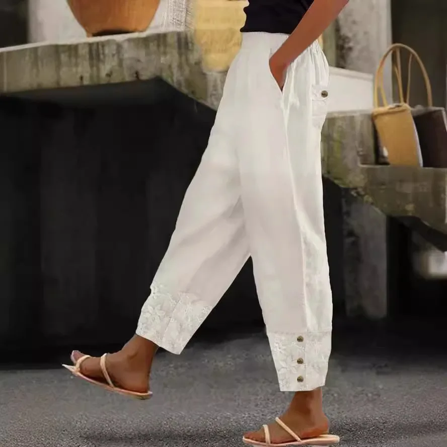 Women Fashion Embroidered Lace Trousers Vintage Lace-Up Pockets Pants Summer Elegant Loose Elastic Waist Long Pants Streetwears