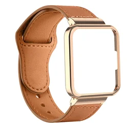 Premium Leather Strap with Metal Case Protector for Smart Watch - Elegant Bumper Frame Bracelet for Enhanced Durability (Brown-rose case)