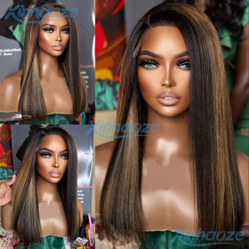 Brown Blonde Light Yaki Straight Human Hair 13x4 Silk Top Lace Front Wigs Pre-Plucked Side Part Yaki 13x6/360 Lace Front Wigs