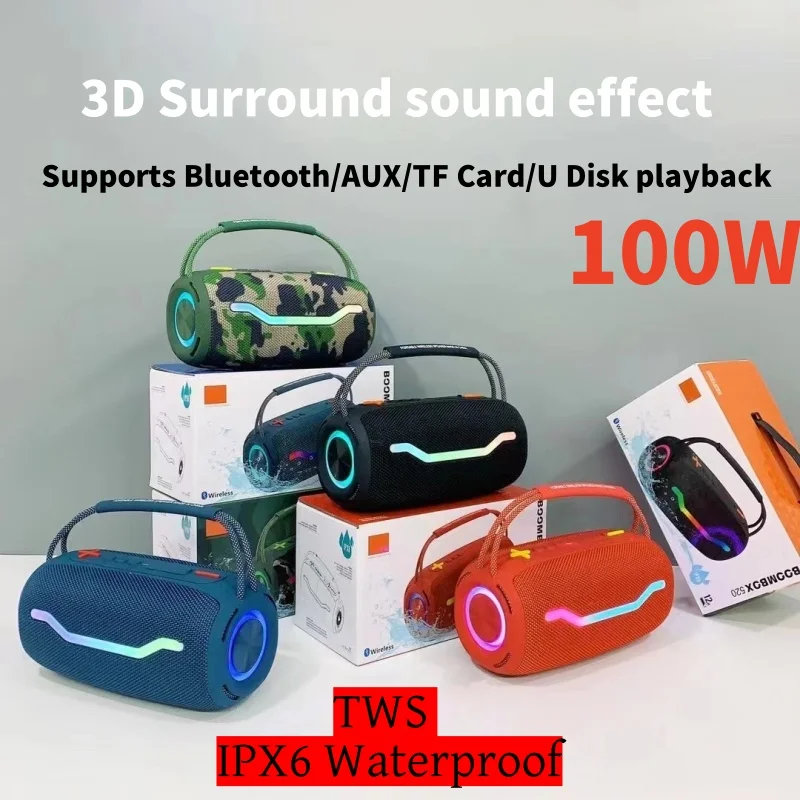 

High power bluetooth speaker portable RGB colorful light waterproof wireless subwoofer 360 stereo surround TWS FM boombox