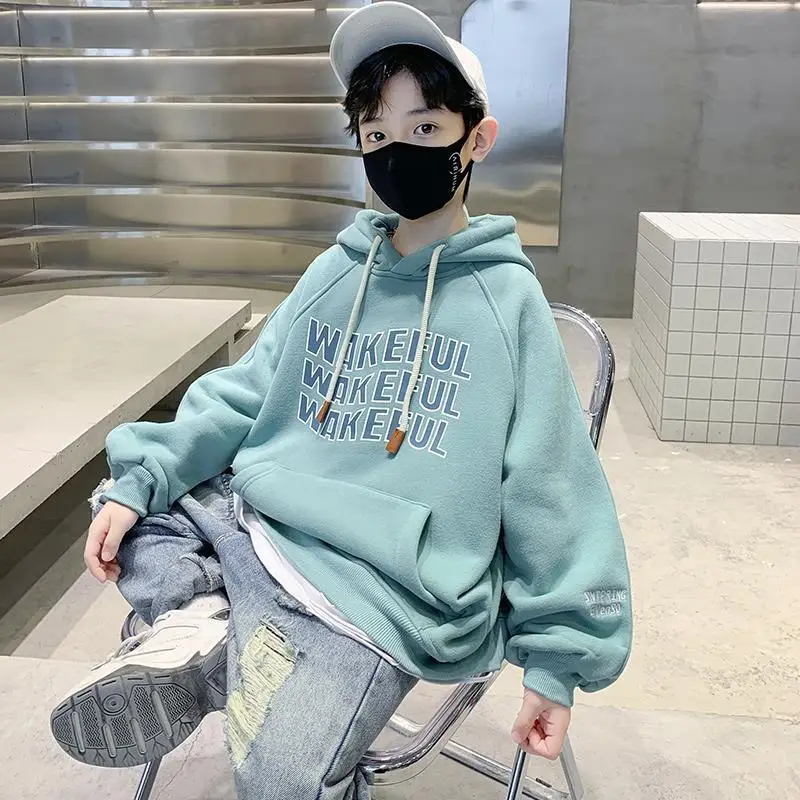 

New Boys' Hooded Sweatshirts Drawstring Long Sleeve Top 2023 Autumn Pullover Loose Causal Letter Printing Fashionable 5-12 Yrs