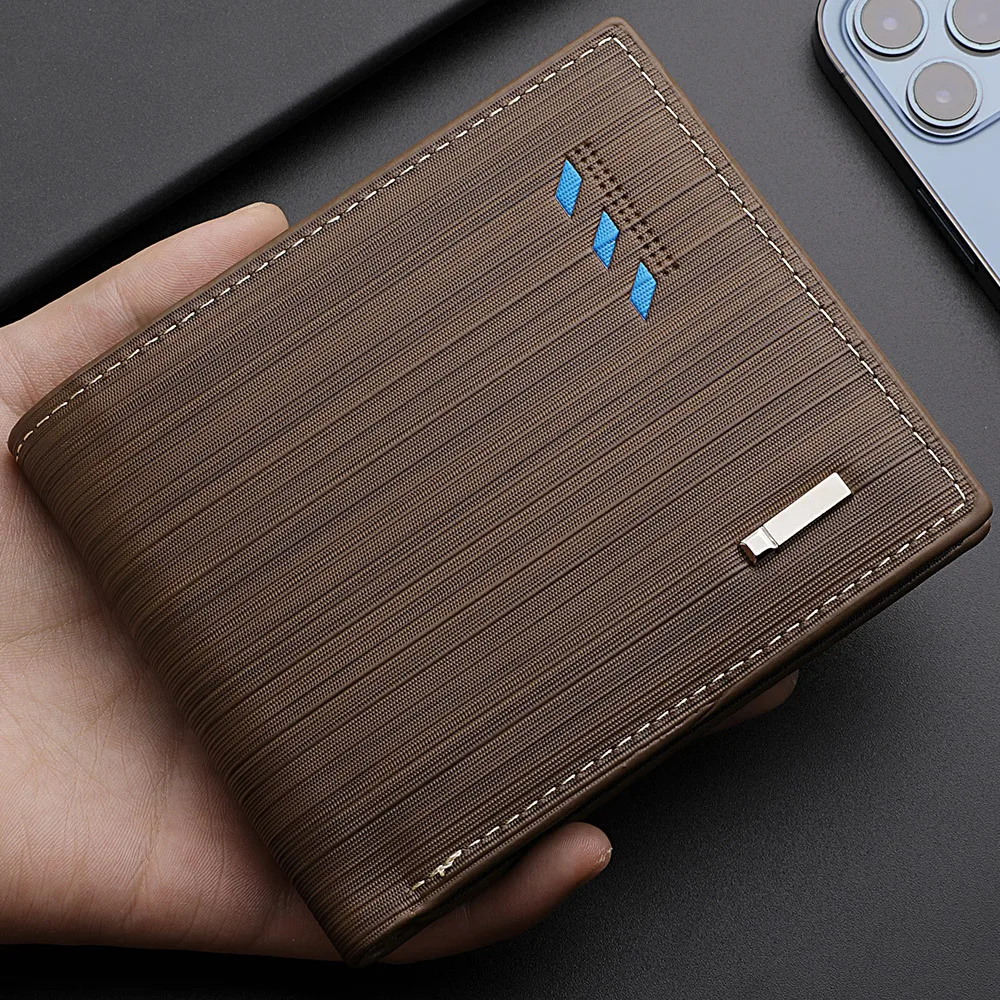 Business Men's Short Wallet Microfiber Synthetic Leather Short Wallets Men Stripe Male Purse Coin Pouch Multi-functional Cards 3