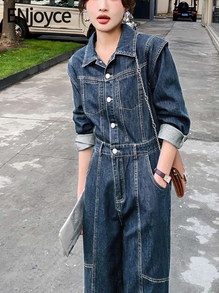 

ENjoyce 2024 Spring Women Vintage Denim Jumpsuits Korean Fashion Casual Loose Cargo Jeans Playsuit Bodysuits Outfits