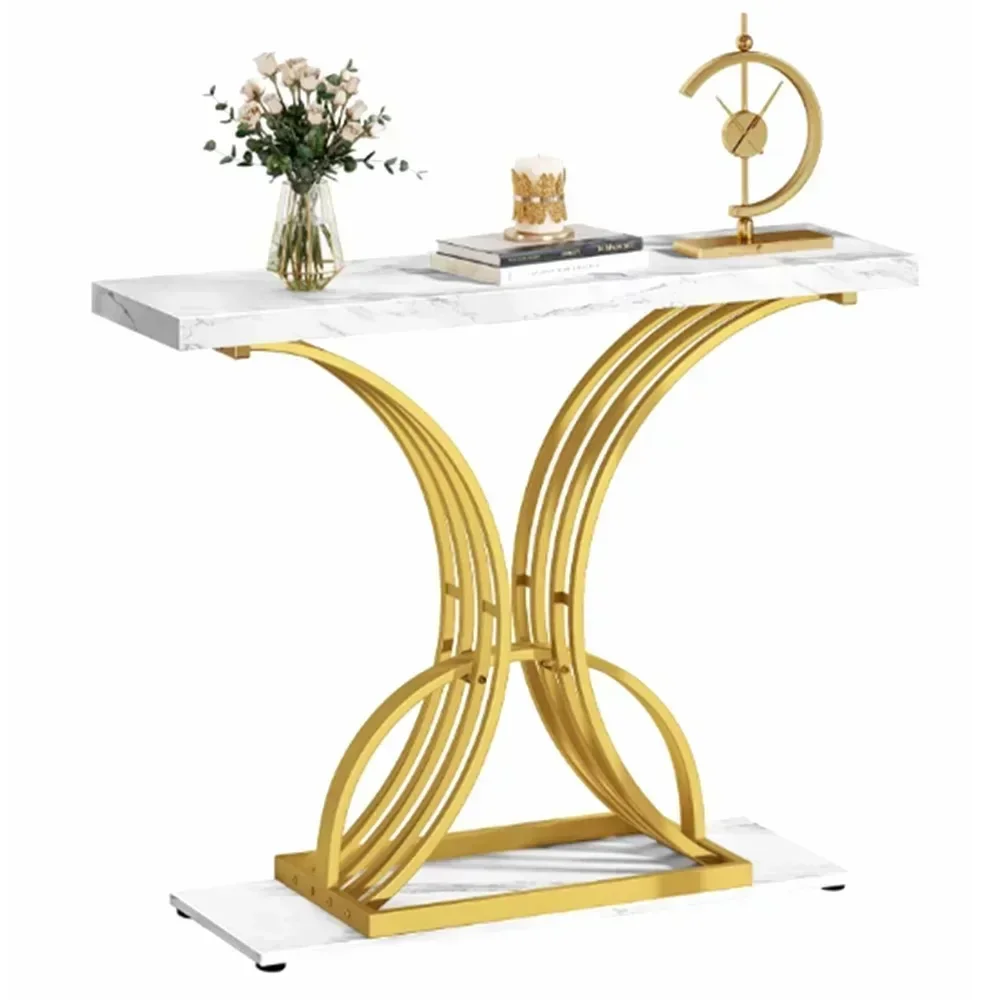 40in Gold Narrow Console Table Side End Table with Faux Marble Top for Living Room, Entrance, Hallway, Entryway
