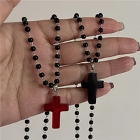 Collier gothique Vintage avec pendentif croix en verre rouge, chaîne en corde de perles noires pour femmes et hommes, accessoires de bijoux esthétiques EMO Grunge Y2K 5