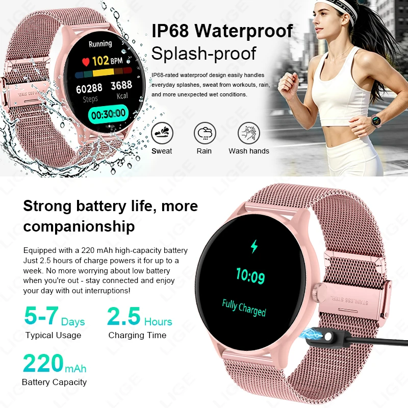 LIGE Smartwatch da donna con previsioni meteo in tempo reale, orologio sportivo impermeabile da uomo e da donna per Android e iOS - immagine 6