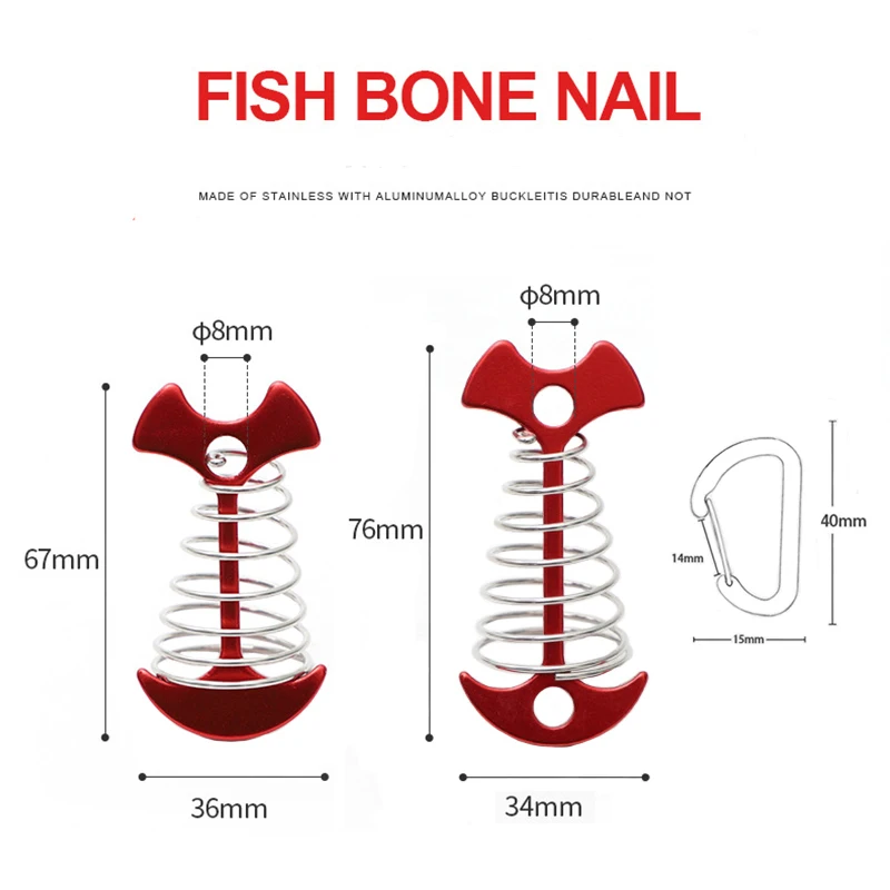 Tent Pegs Camping Tent Accessories Tent Hooks 5/10PCS Spring Fishbone Deck Pegs Tent Stakes Awning Anchor Wind Rope Buckle with Carabiner Deck Fixed Nails