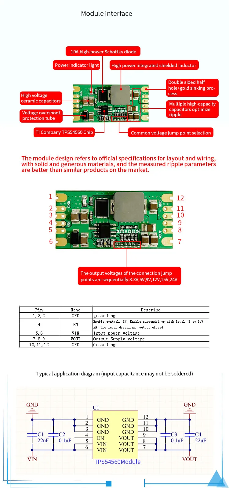 Low ripple TPS54560 power module DCDC high-voltage 60V step-down 5A high current