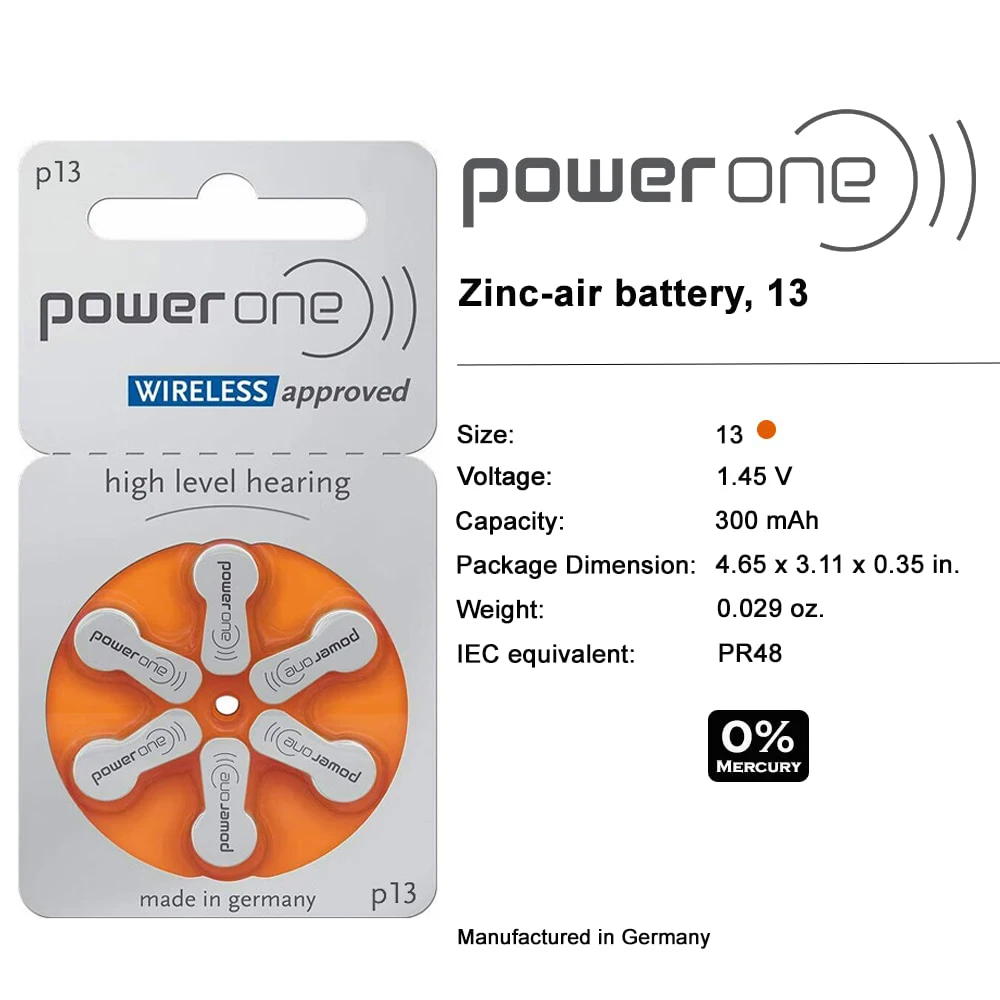 Description Picture 4 of itemPowerOne P13  60 PCS  High Performance Hearing Aid Batteries. Zinc Air 13 / P13 / PR48 Battery for BTE Hearing aids Drop Shippin