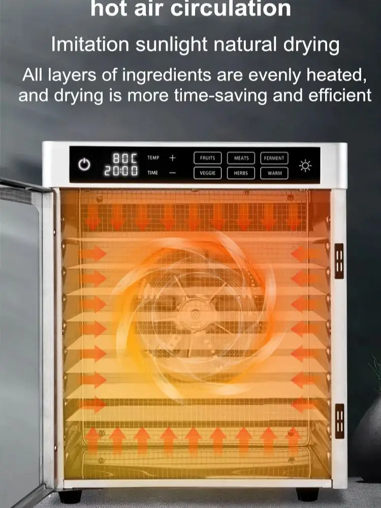 10 Layers Home Use and Commercial Use 220V Fruit Dehydrator Vegetable Snacks Meat Medicinal Materials Fruit Smart Food Air Dryer