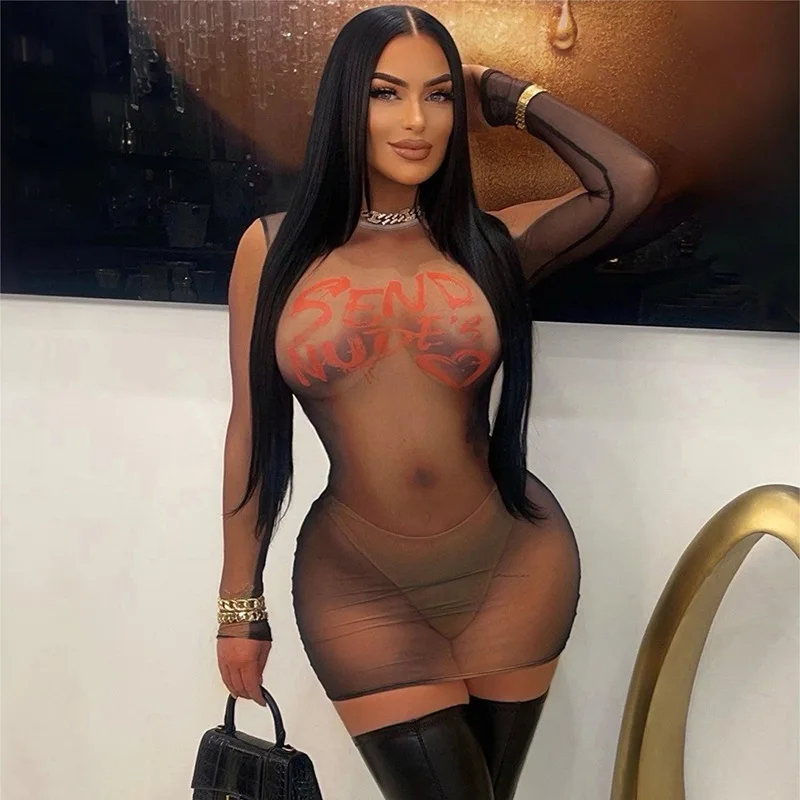 

Mini Dress Women Sexy See Through Mesh Letter Print Long Sleeve O-neck Slim Peach Robe Female Coquette Party Club Vestidos