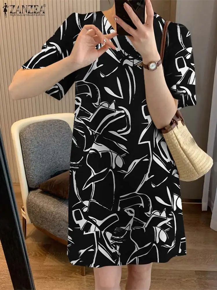 

2024 Summer Round Neck Sundress ZANZEA Casual Loose Mini Dress Bohemian Printed Short Robes Fashion Women Short Sleeve Vestidos
