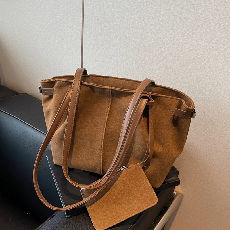 Suede Shoulder Bags for Women Large Suede Totes Lightweight Underarm Bag Casual Shopper Handbag Solid Color Travel Bucket Bags