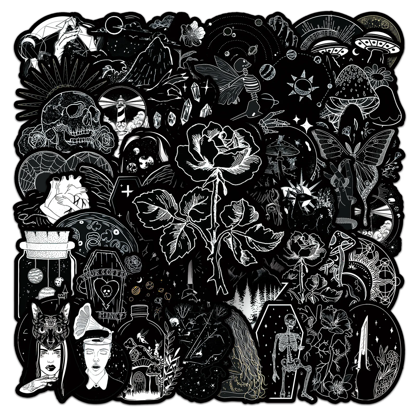 10/50Pcs Black White Art Gothic Graffiti Stickers Aesthetics DIY Scrapbook Guitar Diary Car Waterproof Skull Decals Decoration washi tape diy paper tape gothic style wrapping tape roll scrapbook diary gift projects