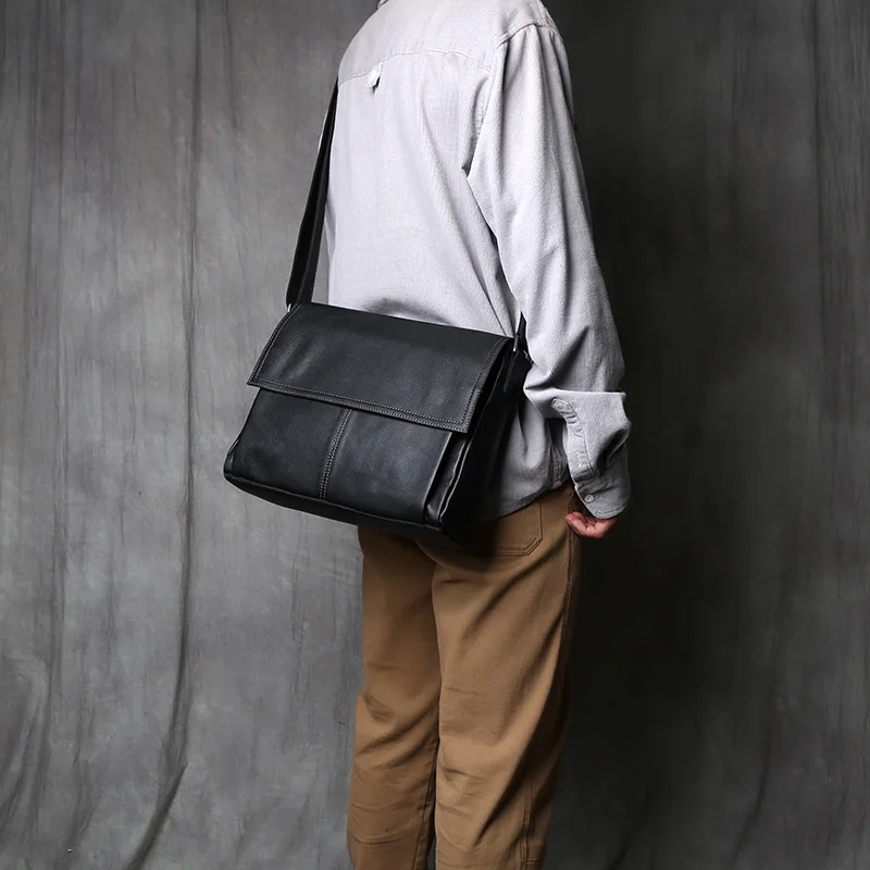 NZPJ Genuine Leather Men's Shoulder Bag, Top Layer Cowhide Shoulder Bag, Solid Color Tablet Computer Trend Men's Bag