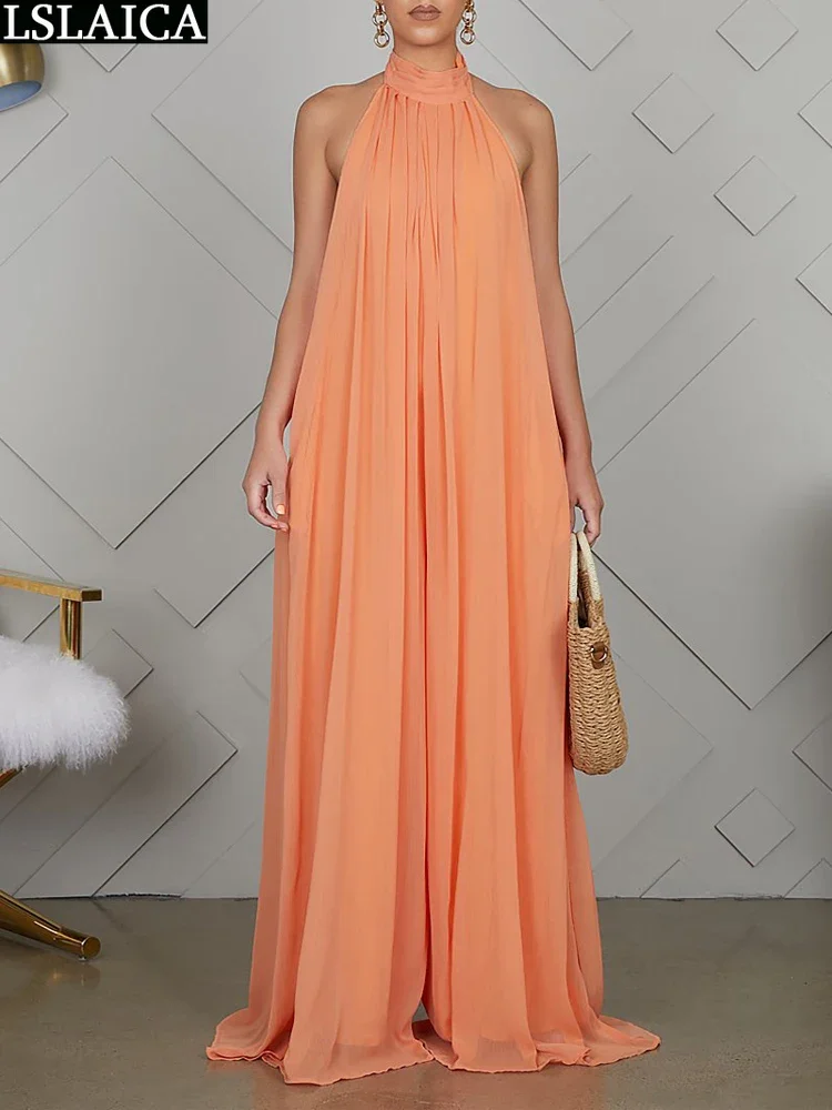

Solid Sleeveless Chiffon Women Jumpsuit And Romper Backless Casual Wide Leg Pant Ladies Jumpsuits Party Elegant Overalls Summer