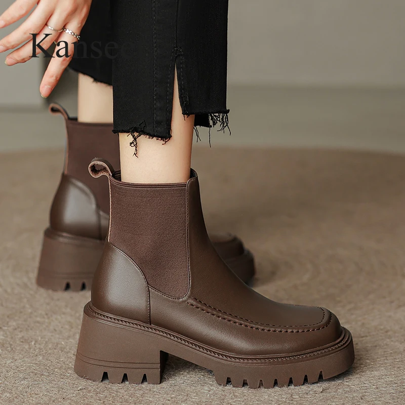 

Kanseet Women Ankle Boots 2022 Autumn Winter Square Toe Genuine Leather Shoes Chunky Heel Handmade Ladies Elastic Short Boots 40