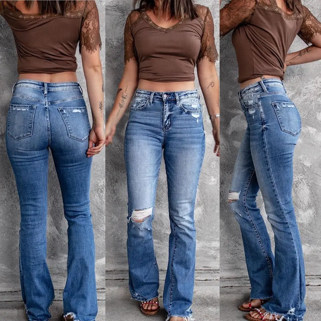 Jeans rasgados de borla para mulheres, calças