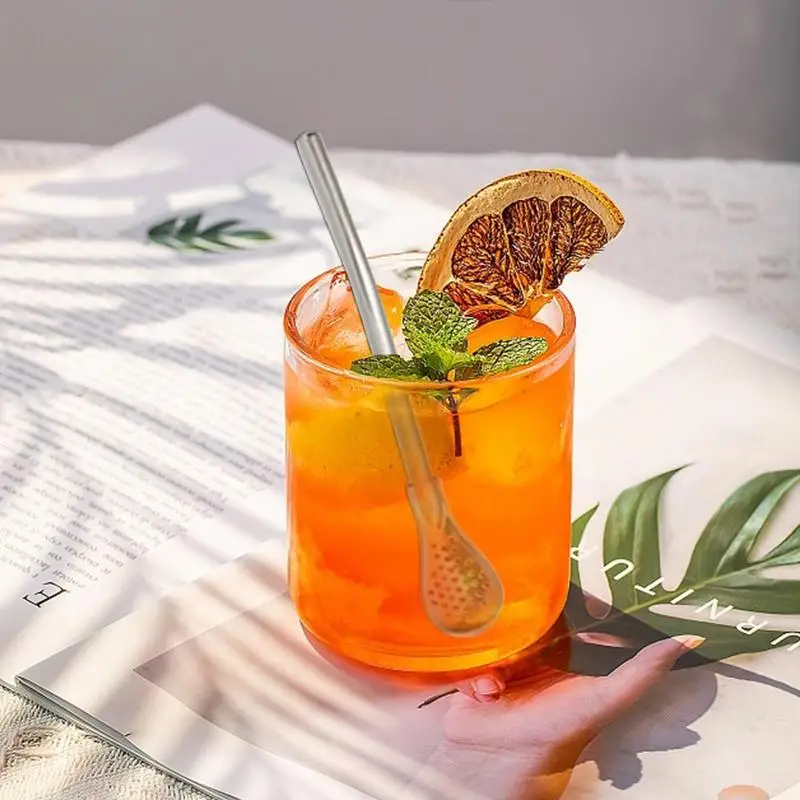 Removable Stainless Steel Straw Filter Spoon with Cleaning Brush Reusable Metal Straw Spoon Cocktail Stirrer for Drinking Tea