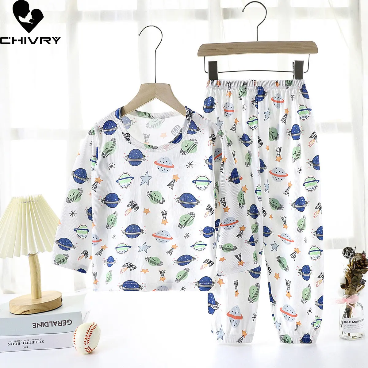 

Kids Summer Thin Pajamas Sets New 2023 Boys Girls Ice Silk Cartoon Long Sleeve T Shirt Tops with Pants Baby Sleepwear Home Wear