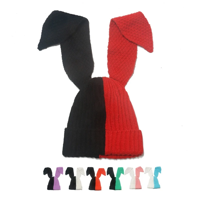 

Long Ears Stitching Color Thicken Keep Warm Knitted Hat Autumn Winter Korean Version Knitting Beanie Women'S Winter Hat