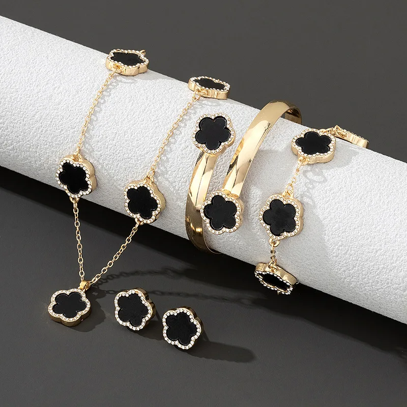 5PCS Set Flower Charm Korean Chain Necklace Earring Bracelet Set Gold Color Black Flower Crystal Stone Surround Jewelry Set - Image 2
