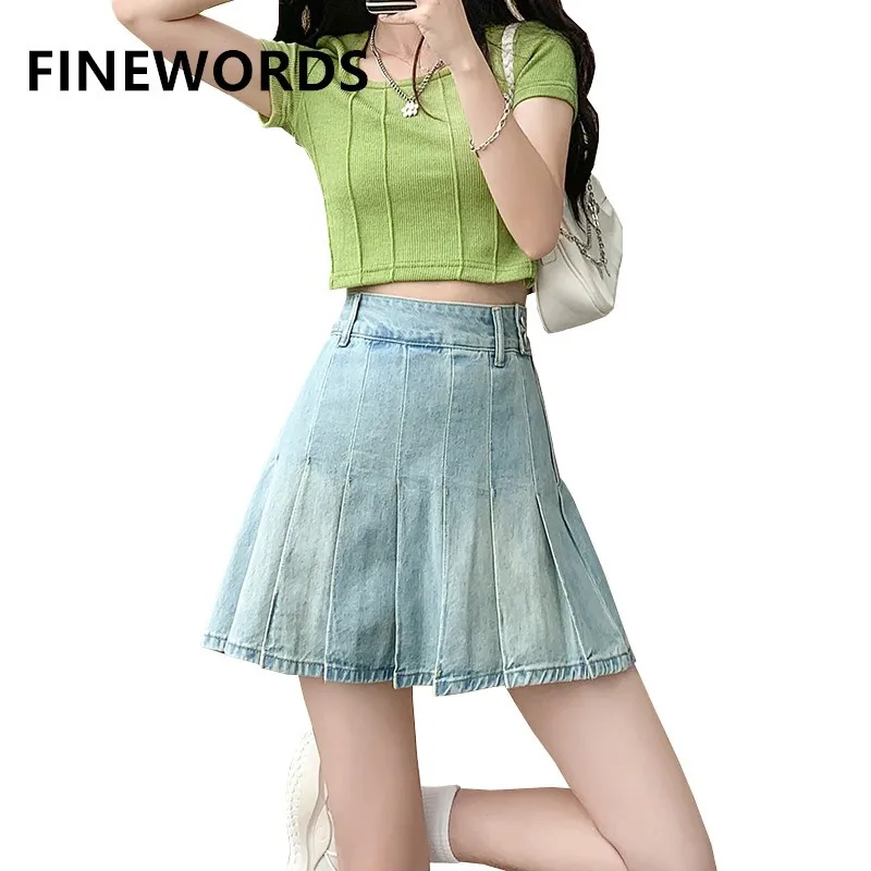 

Винтажная пикантная плиссированная джинсовая юбка FINEWORDS с высокой талией, Женская Повседневная пляжная летняя юбка в Корейском стиле Харадзюку, Короткие мини-юбки