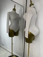 Luxury White Pearls Stretch Leotard Women Nightclub Show Bodysuit Prom Dress Long Sleeve K-Pop Performance Costumes Dropshipping - Image 3