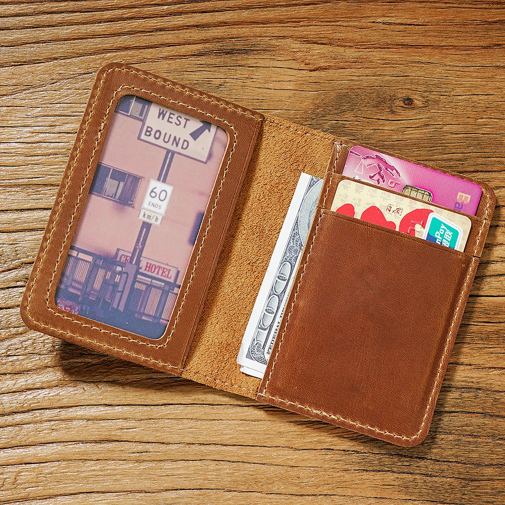 Men's Vintage Crazy Horse Leather Card Holder-Slim Short Wallet for IDs & Cards, Multi-Functional Top GrainUltra-Thin Case