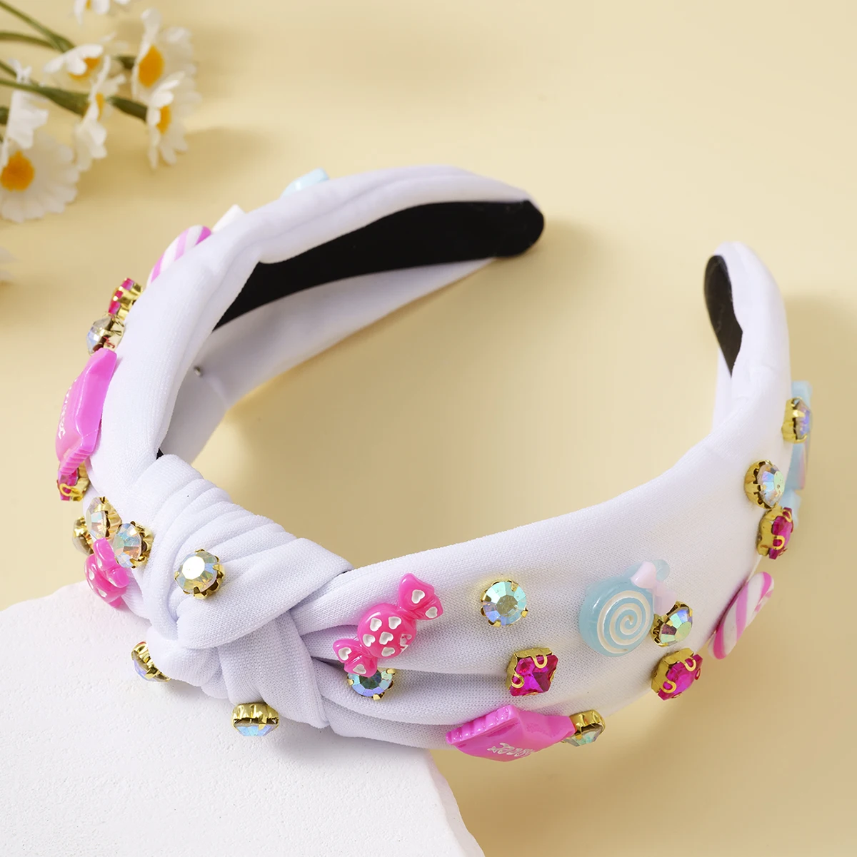 Korea Mode Rosa Candy Bogen Knoten Haarband Süße Mädchen Strass Stirnband Elastische Haar Zubehör Party Hochzeit Haar Hoop – Detail 8