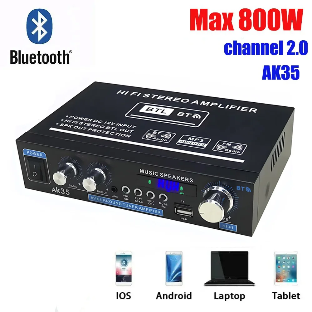 High-Fidelity Bluetooth Audio Amplifier with MP3, USB, FM, and Remote Control