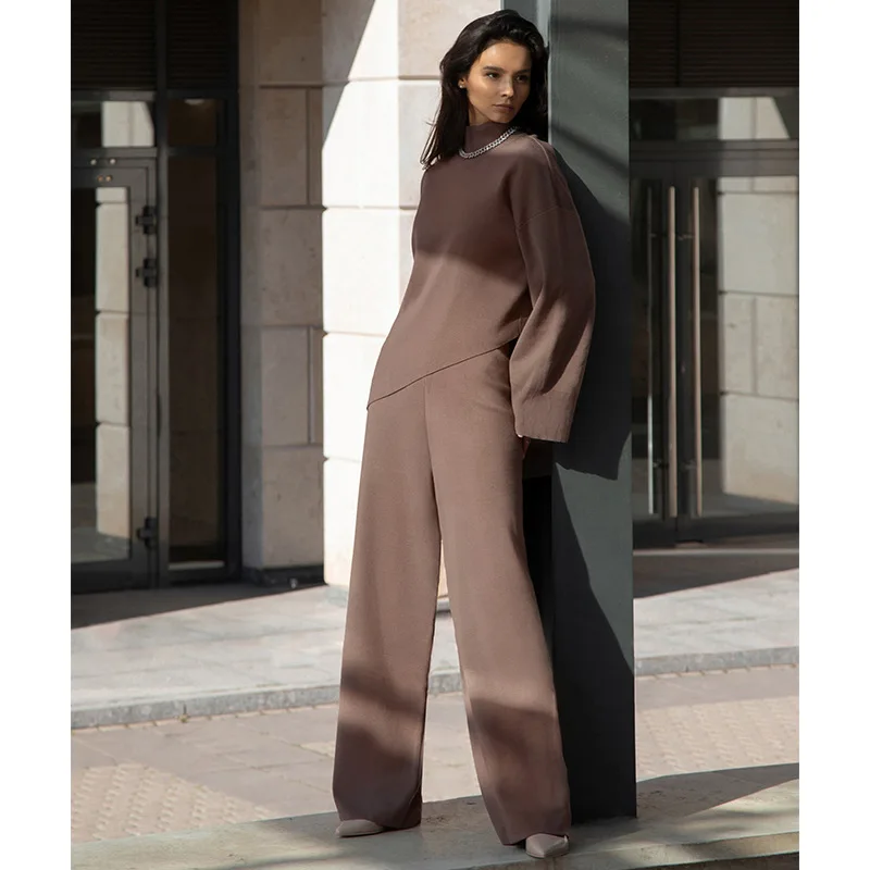 

High-Collared Sweater Set 2022 Autumn and Winter New Oblique Edge Knitted Sweater Set Women's Warm Pants