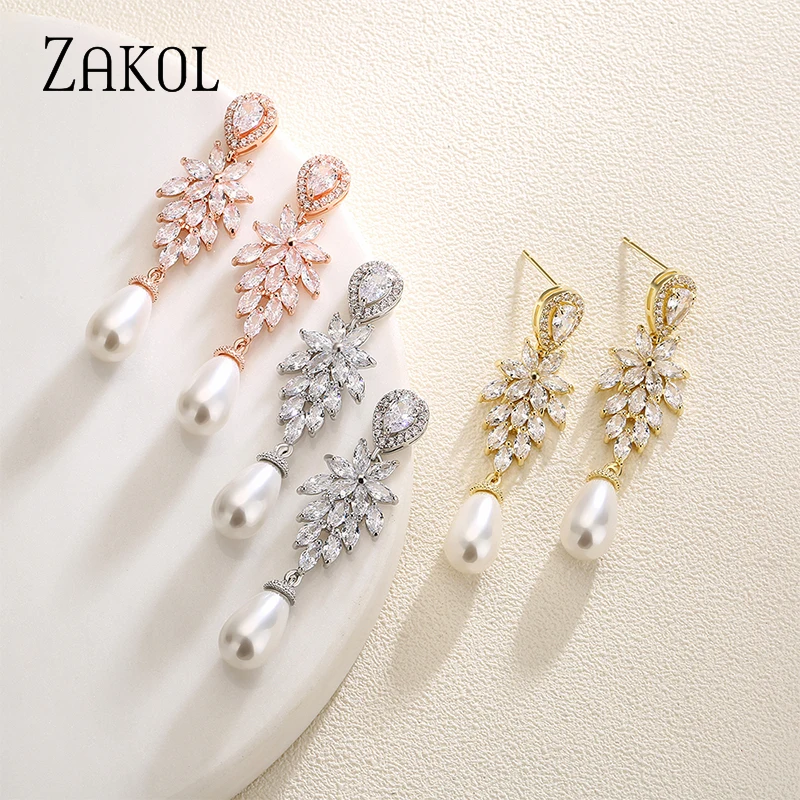ZAKOL Luxury Pearl Bridal Dangle Earrings for Women Fashion Zircon Leaf Wedding Party Jewelry