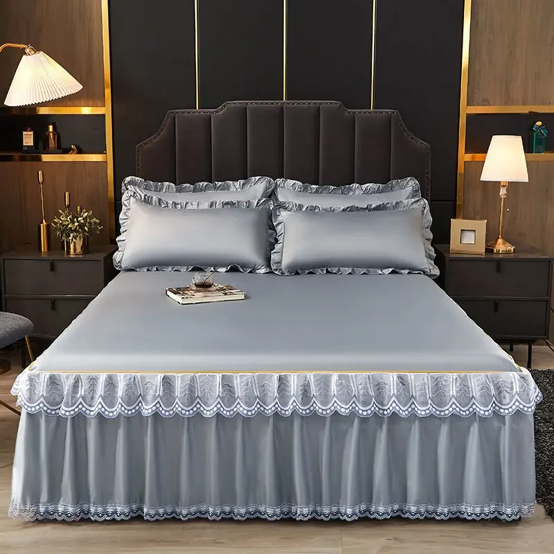 

New 3 Pcs Smooth Elegant Style Bed Spread Solid Colour Bed Skirt Polyester Queen With King Pillowcases Size Set Sheet Bed Cotton