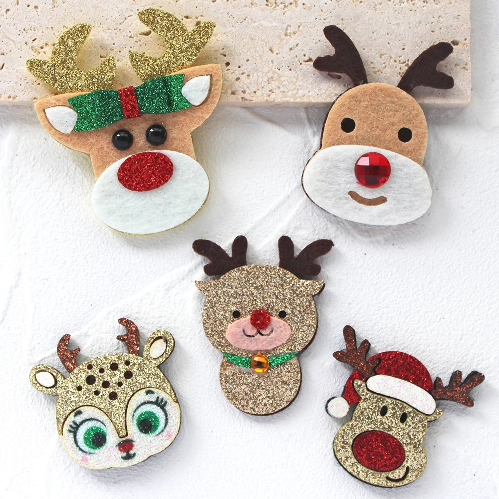 10pcs Glitter Padded Applique Reindeer with Red Nose  for DIY Christmas Hair Clips Bow Accessories Felts Supply Party Decor