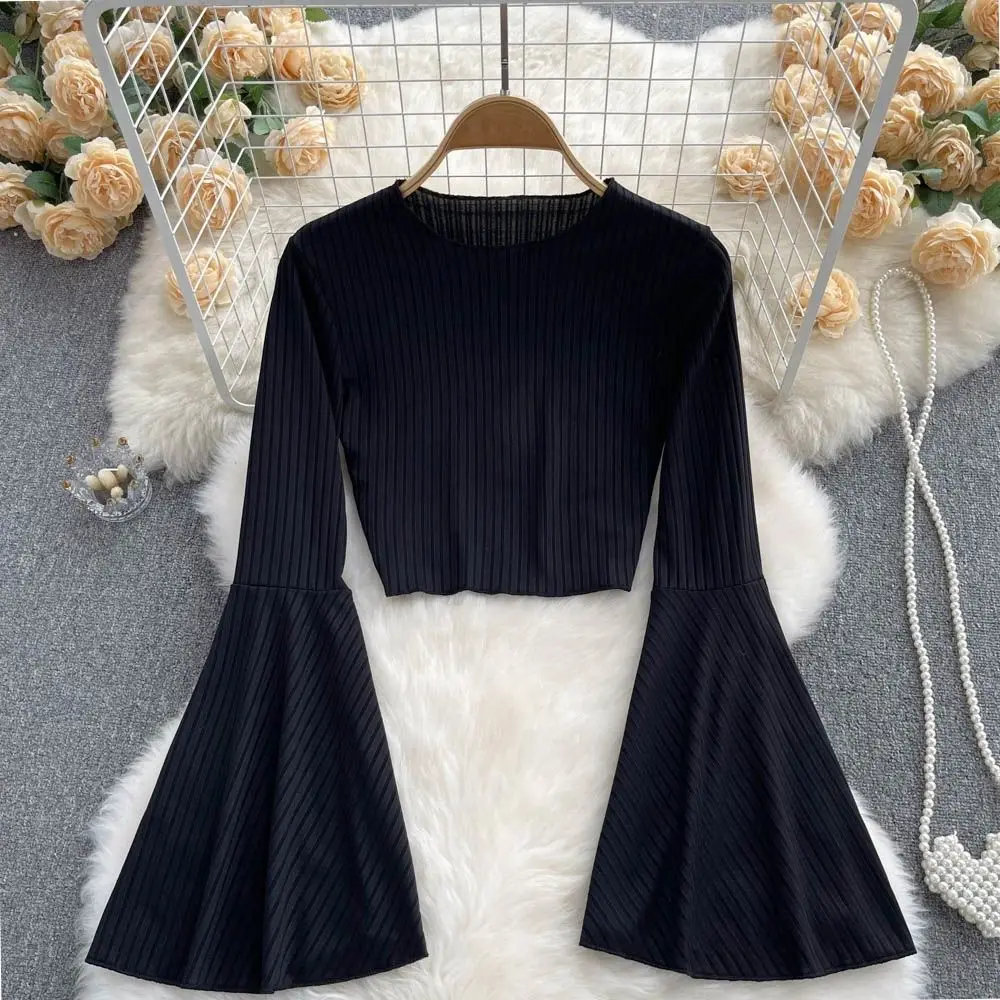 Hotsweet Elegance Casual Fashion Flared Sleeve Long Sleeve Crop Top Slim T-shirt And Blouses Autumn Y2k Clothes For Woman Basics